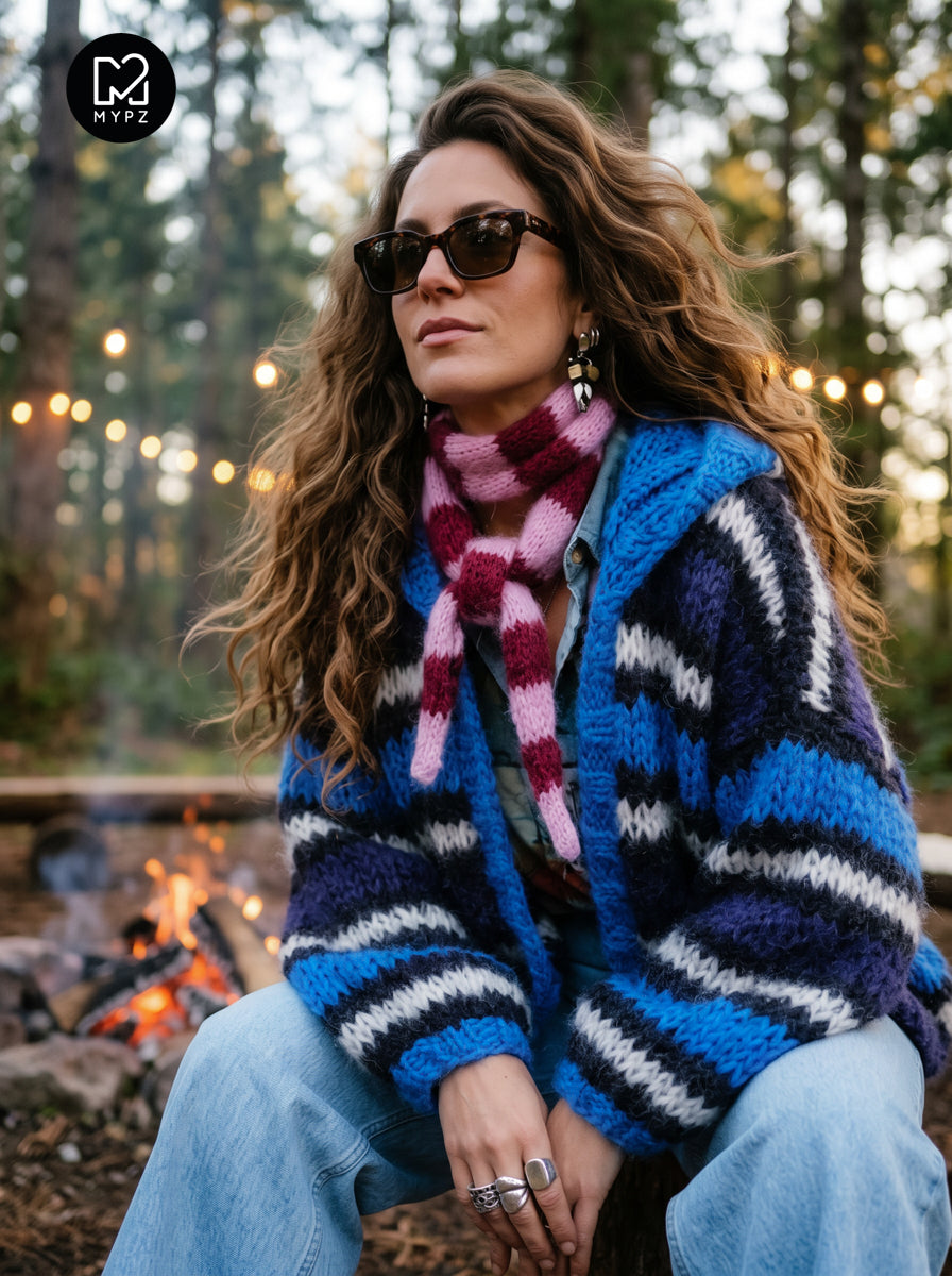 Patrón de punto – MYPZ Cárdigan bomber con capucha de mohair grueso azul n.º 15 (ENG-DE-NL-ES-FR-IT-DA-SV-NO)