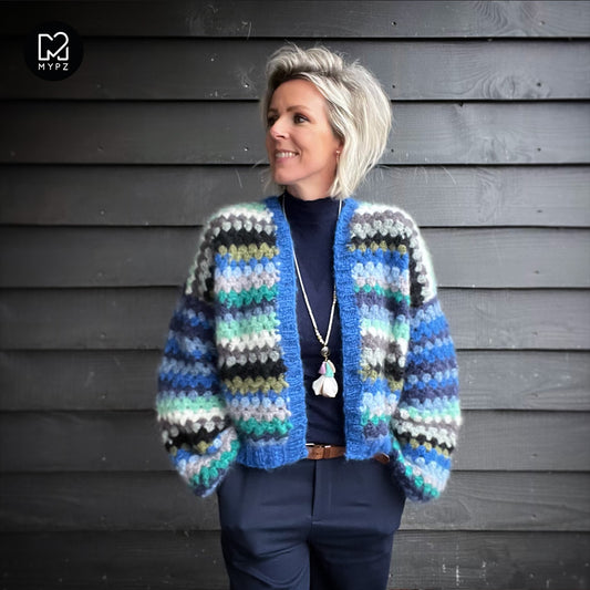 Crochet kit - MYPZ Short Mohair Granny stripes cardigan Jeans (ENG-NL)