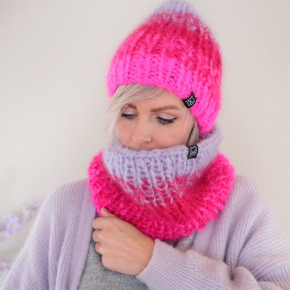 Patrón de punto – gorro y cuello de mohair grueso degradado (ENG-DE-NL-ES-FR-IT-DA-SV-NO)