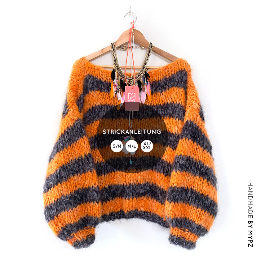 Knit pattern – MYPZ Basic Chunky Mohair Pullover Orange-black for beginners NO.15 (ENG-NL-DE)
