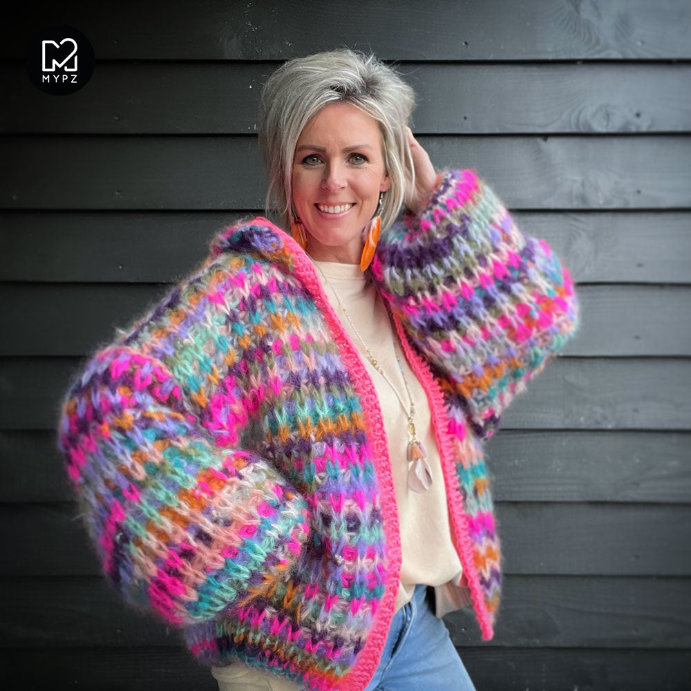 MYPZ Chunky Mohair Rib Cardigan Confetti with hoodie