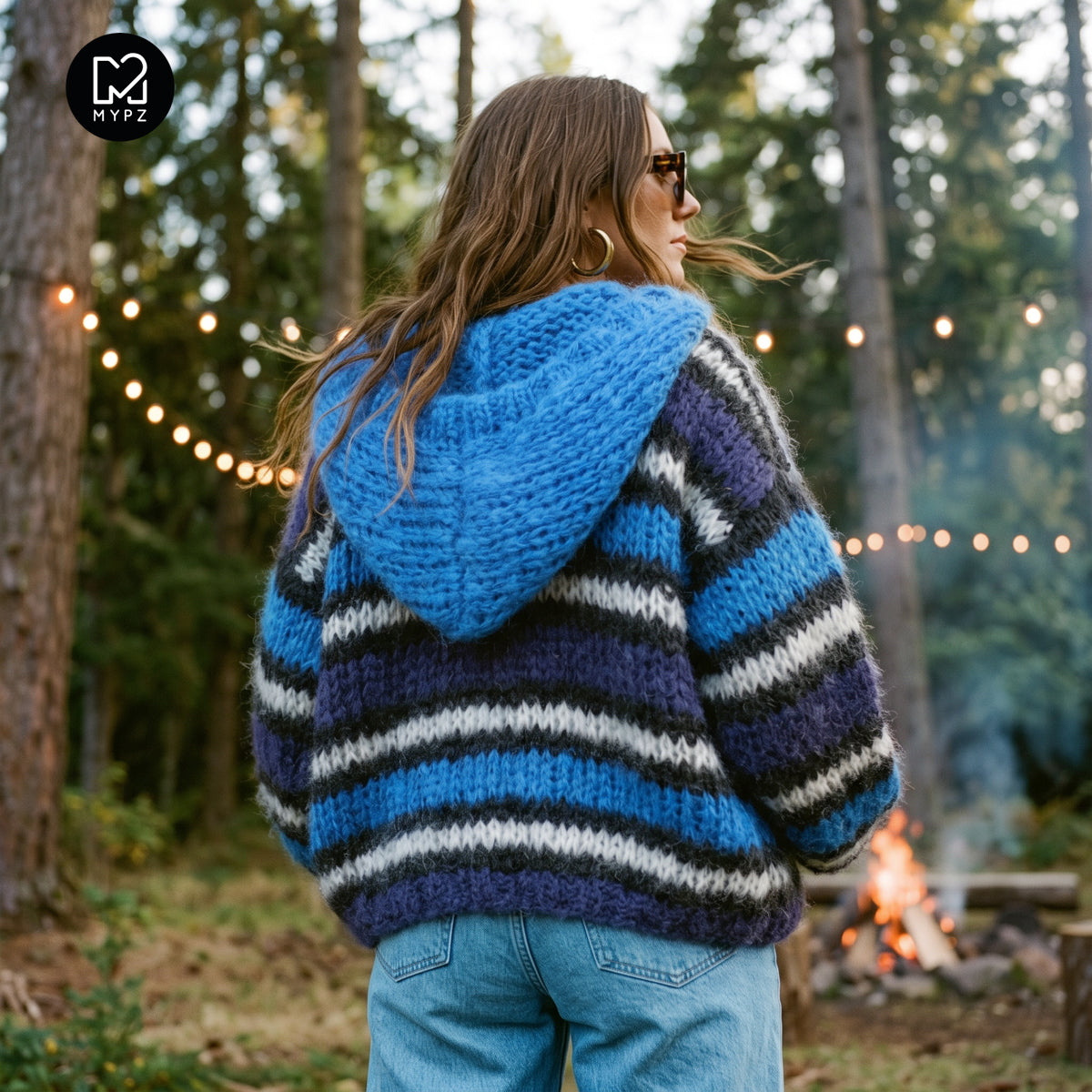 Patrón de punto – MYPZ Cárdigan bomber con capucha de mohair grueso azul n.º 15 (ENG-DE-NL-ES-FR-IT-DA-SV-NO)