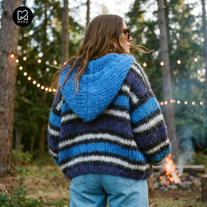 Patrón de punto – MYPZ Cárdigan bomber con capucha de mohair grueso azul n.º 15 (ENG-DE-NL-ES-FR-IT-DA-SV-NO)