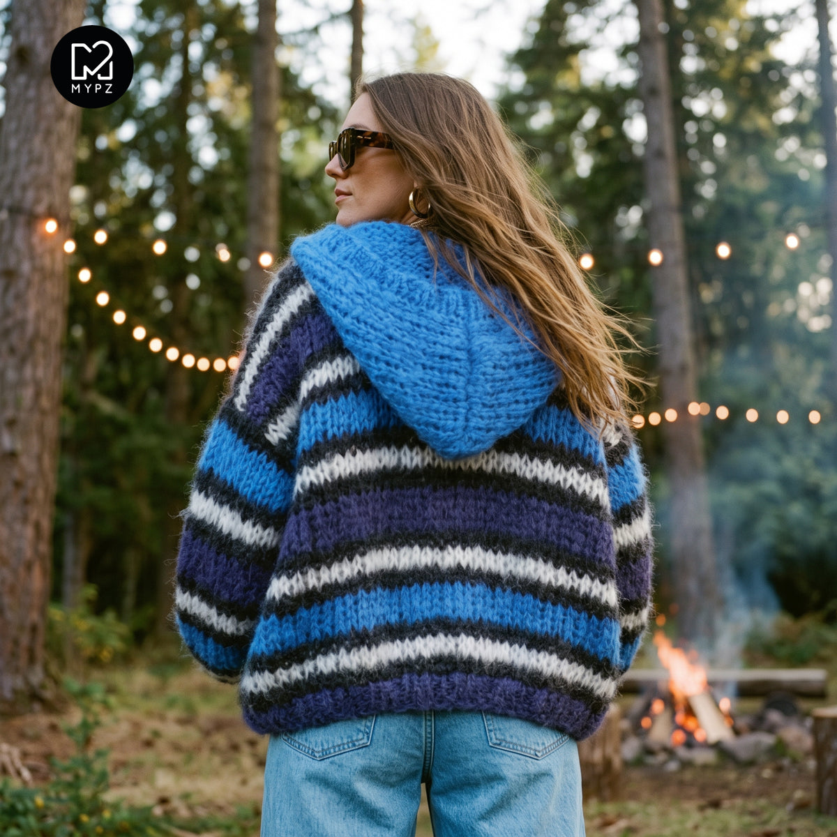 Patrón de punto – MYPZ Cárdigan bomber con capucha de mohair grueso azul n.º 15 (ENG-DE-NL-ES-FR-IT-DA-SV-NO)
