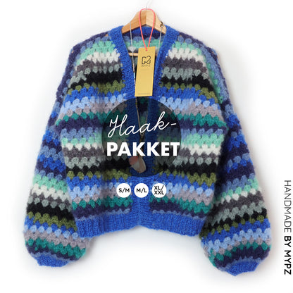 Crochet kit - MYPZ Short Mohair Granny stripes cardigan Jeans (ENG-NL)
