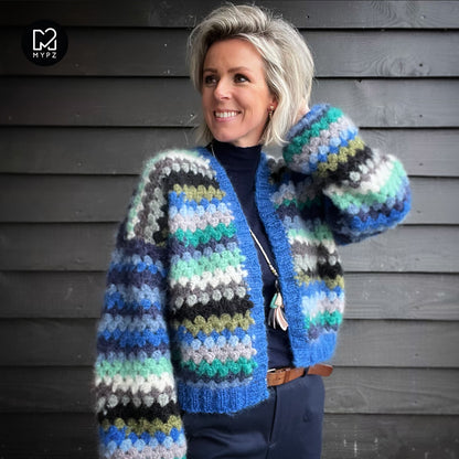 Crochet kit - MYPZ Short Mohair Granny stripes cardigan Jeans (ENG-NL)