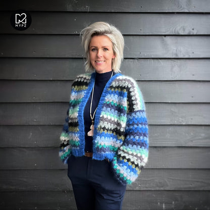 Crochet kit - MYPZ Short Mohair Granny stripes cardigan Jeans (ENG-NL)
