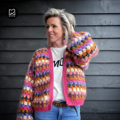 Crochet kit - MYPZ Short Mohair Granny stripes cardigan Rosé (ENG-NL)